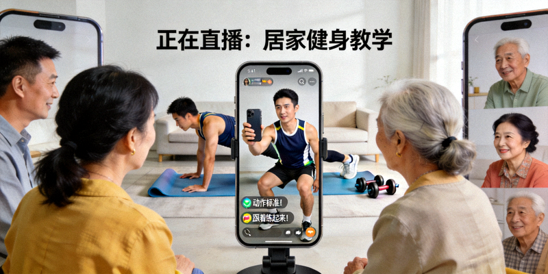健身教练通过手机直播向基层群众演示居家健身动作，画面清晰