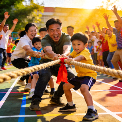 亲子拔河比赛激烈进行，家长和孩子们齐心协力，奋力拉绳