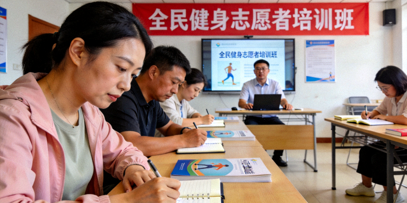 全民健身志愿者培训班上，学员们正在学习运动康复基础知识
