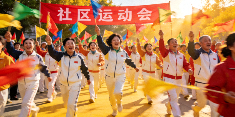 社区运动会开幕式现场，居民们身着统一运动服，挥舞彩旗，气氛热烈