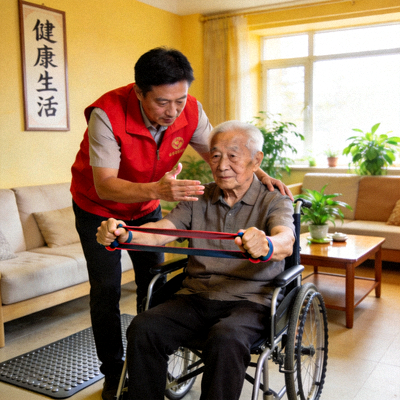 志愿者入户为行动不便的老人提供居家科学健身方案，使用弹力带进行训练