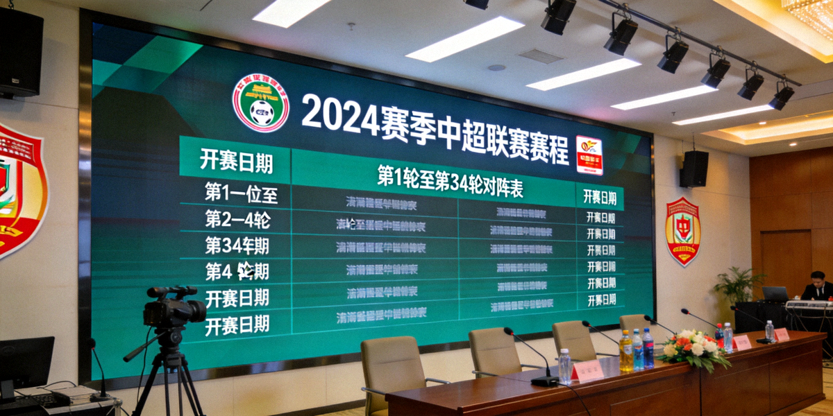 新赛季中超联赛赛程公布发布会现场，大屏幕展示各轮对阵表及开赛日期