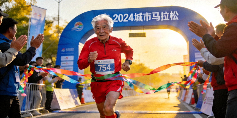 75岁银发跑者精神矍铄地冲过马拉松终点线，观众热烈鼓掌