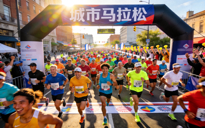 城市马拉松起跑瞬间，成千上万名跑者从起点拱门涌出，场面壮观