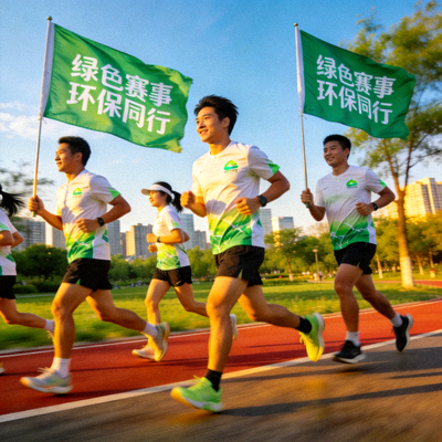 公益跑团成员手持环保标语旗帜奔跑，倡导绿色赛事理念