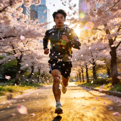 跑者穿越城市公园的樱花大道，花瓣随风飘落，景色宜人