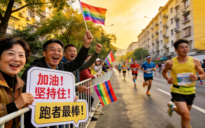 赛道两旁社区居民自发为马拉松跑者加油助威，手持标语牌和旗帜