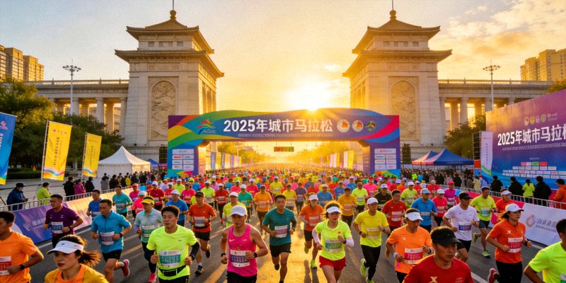 2025年城市马拉松赛起点，成千上万名跑者身着彩色运动服，在朝阳下从城市标志性建筑前激情起跑