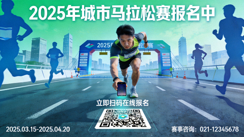 2025年城市马拉松赛报名宣传海报前，跑者用手机扫码进行在线报名
