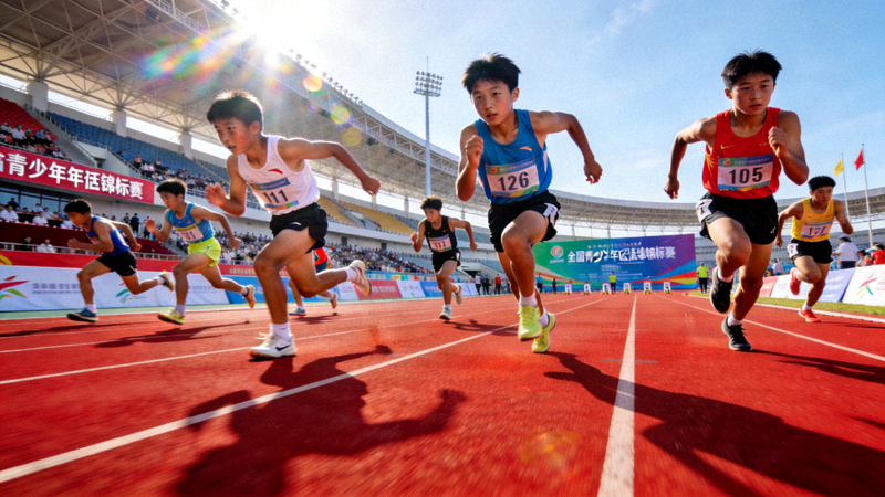全国青少年田径锦标赛赛场上，少年选手在百米赛道全力冲刺