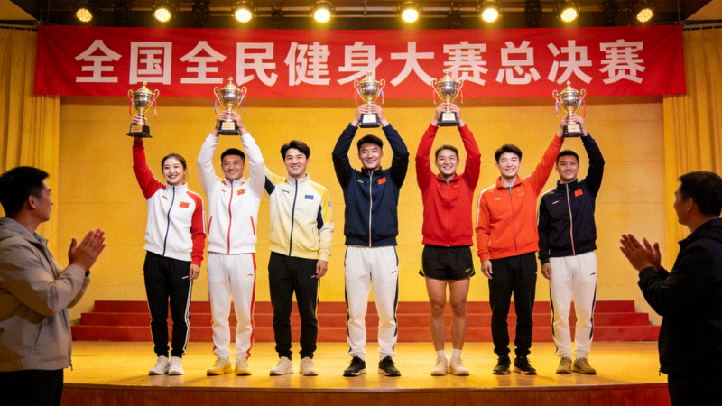 全国全民健身大赛总决赛颁奖现场，获奖选手举起奖杯合影留念