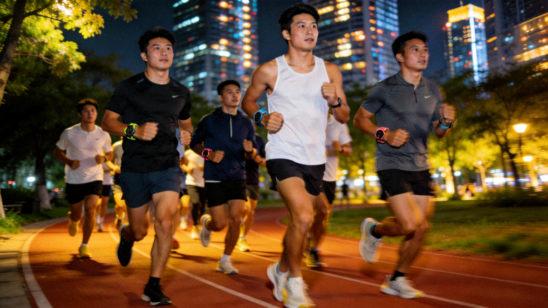 全民健身热潮下的城市夜跑人群，跑者在灯光跑道上有序前进