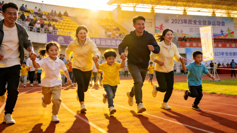 全民健身运动会现场，参赛家庭在亲子接力项目中携手奔跑