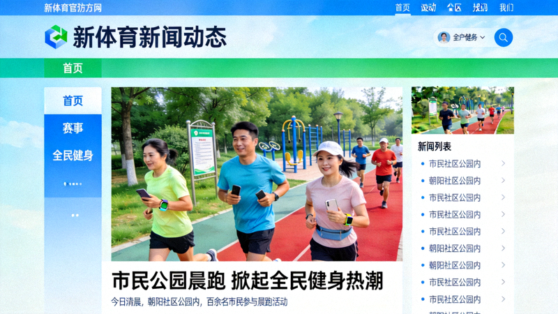 新体育官方网站新闻动态频道页面展示，市民在公园中进行全民健身晨跑活动